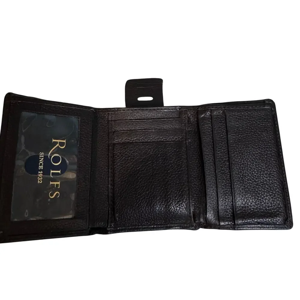 NWOT Rolfs Vintage Mens Black Pebbled Leather Trifold Wallet Compact ID Window